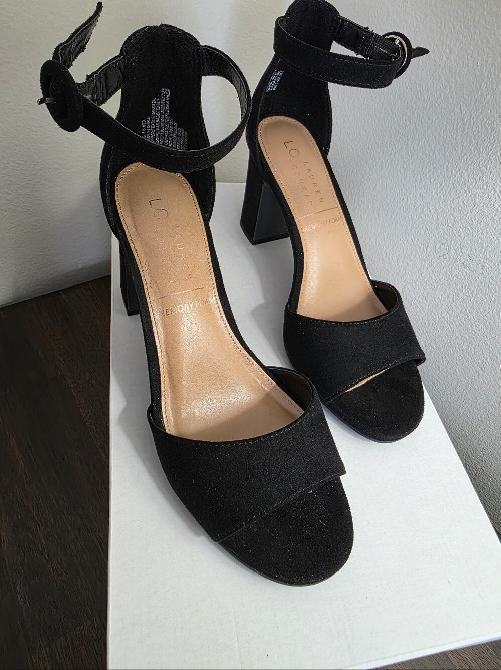 LC Lauren Conrad Black Suede Ankle-Strap Block Heels